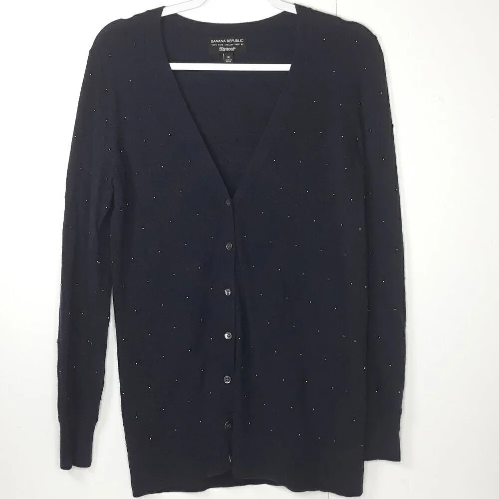 Banana Republic Gold Beaded Filpucci Merino Wool Cashmere Blend V-Neck Cardigan